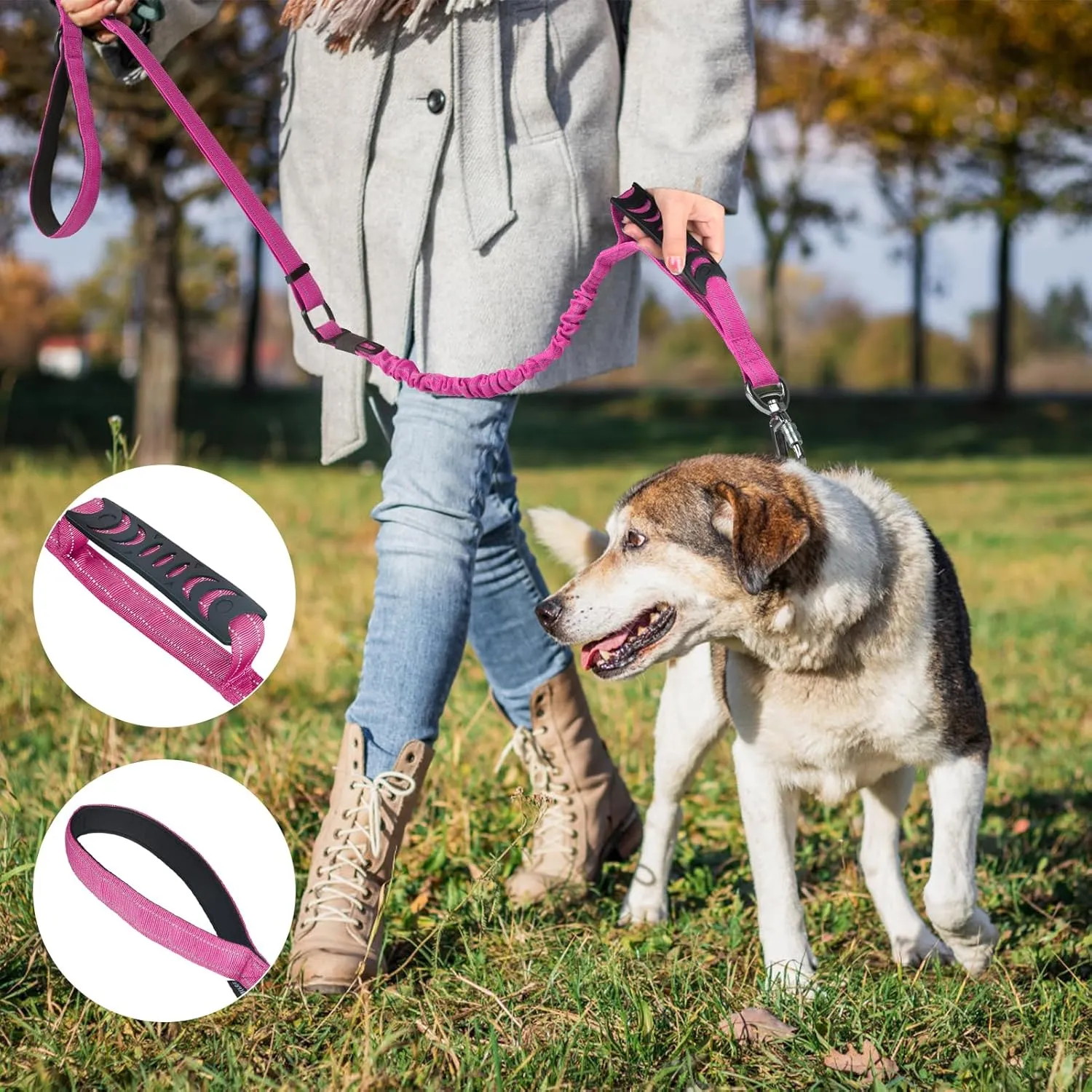 Tactical Dog Leash Heavy Duty, 4-6FT Shock Absorbing Bungee Dog Leash, Reflective Military Strong No Pull Dog Leash with 2 Padded Handle and Car Seatbelt for Medium Large Dogs, Pink