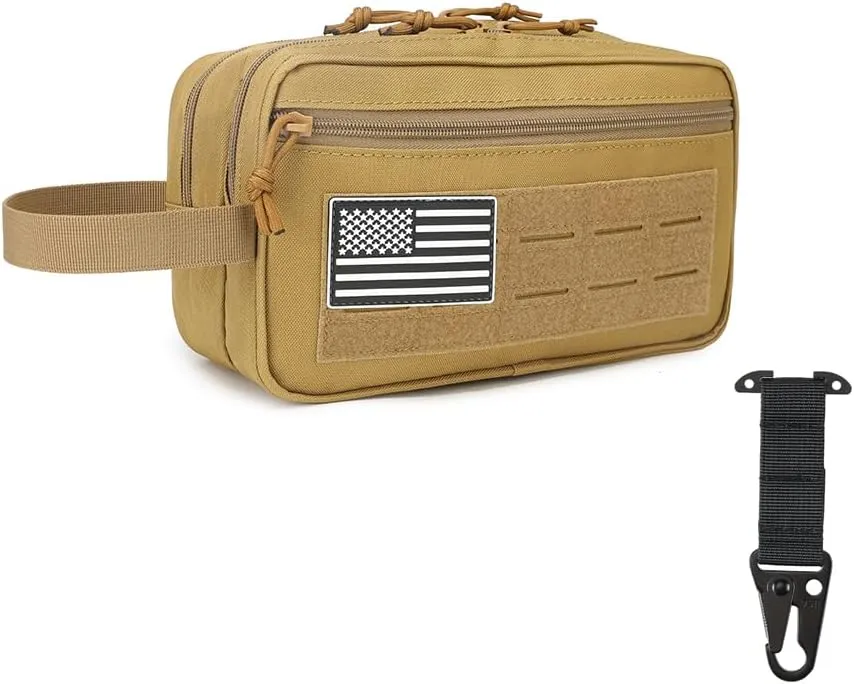 Tactical Toiletry Bag for Men – MOLLE Dopp Kit with Dry/Wet Separation, Large Capacity, Water-Resistant Travel Shaving Bag with U.S Patch & T-Mount MOLLE Clip (khaki)