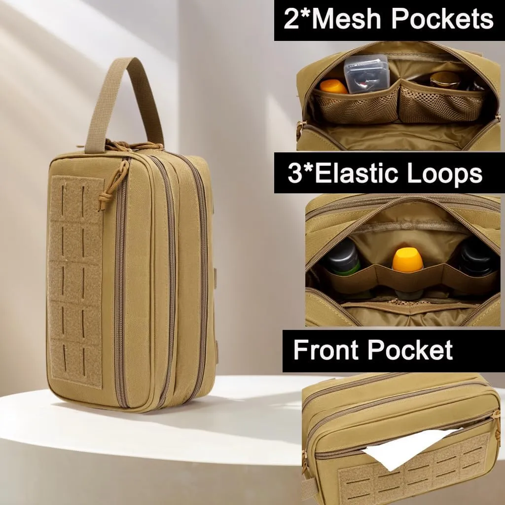 Tactical Toiletry Bag for Men – MOLLE Dopp Kit with Dry/Wet Separation, Large Capacity, Water-Resistant Travel Shaving Bag with U.S Patch & T-Mount MOLLE Clip (khaki)
