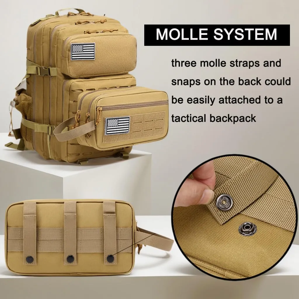 Tactical Toiletry Bag for Men – MOLLE Dopp Kit with Dry/Wet Separation, Large Capacity, Water-Resistant Travel Shaving Bag with U.S Patch & T-Mount MOLLE Clip (khaki)