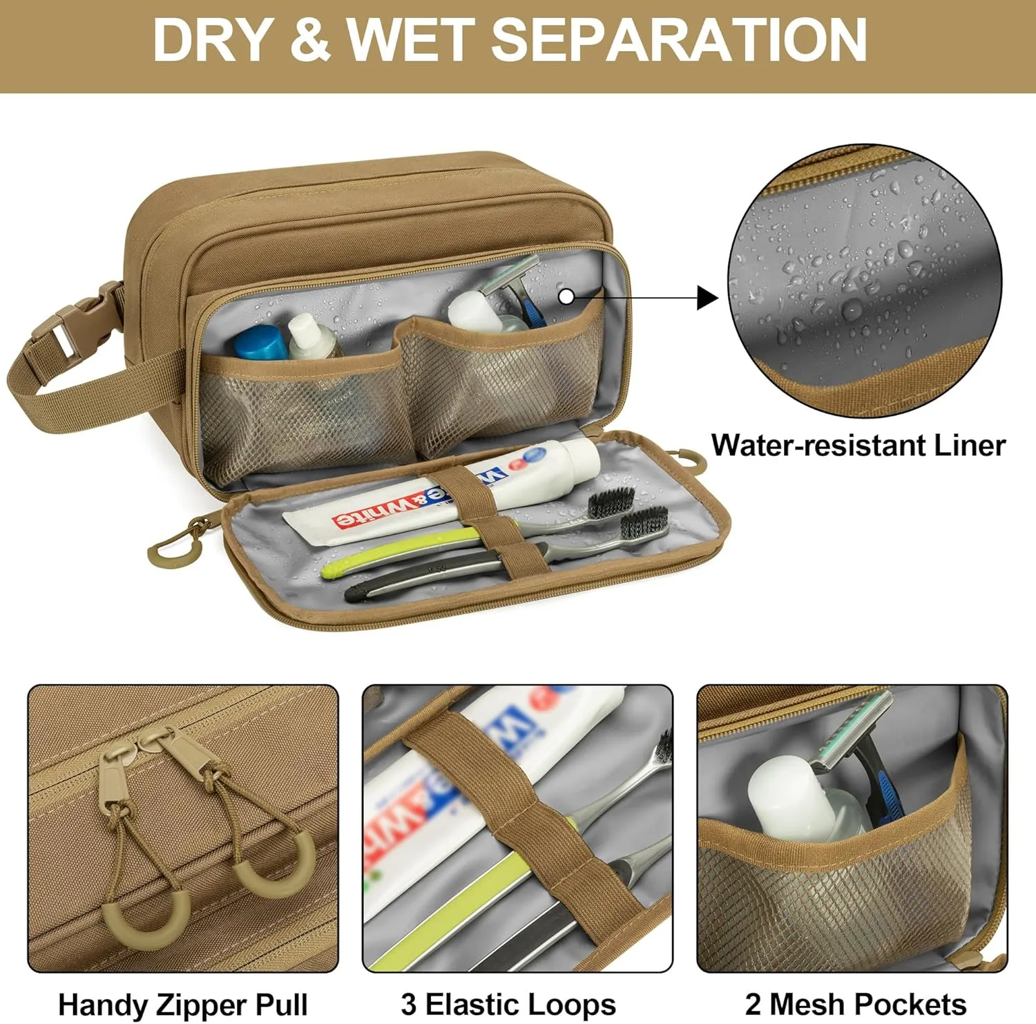 Tactical Toiletry Travel Bag for Men, Dopp Kit Shaving Organizer Case for Toiletries, Shower and Grooming Care Accessories, Khaki(Empty Bag Only, Patent Design)