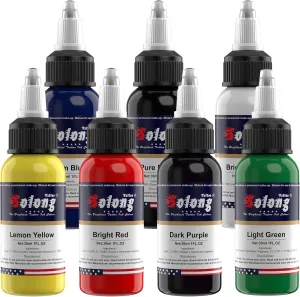 Tattoo Ink,Solong Tattoo Ink Color Set Easy to Mix Professional Tattoo Ink Set 1 OZ 7 Basic Pigment Kit Colors Original TI302-30-7-SL