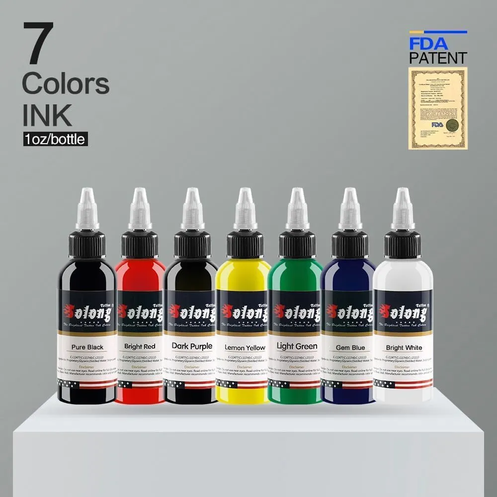 Tattoo Ink,Solong Tattoo Ink Color Set Easy to Mix Professional Tattoo Ink Set 1 OZ 7 Basic Pigment Kit Colors Original TI302-30-7-SL