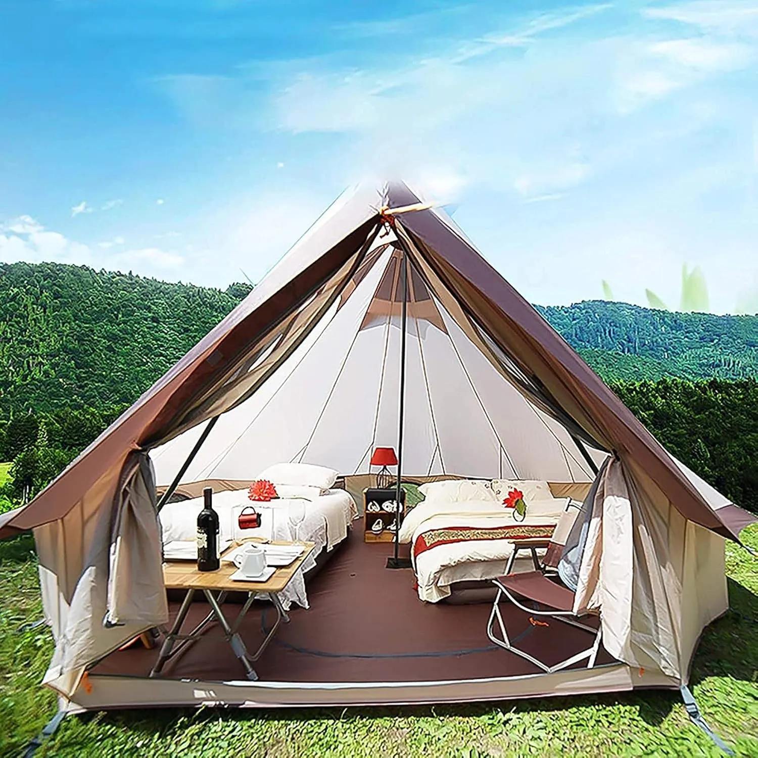 Tent Canvas Tent with Stove Hole Cotton Canvas Tents Yurt Tent for Camping 4-Season Waterproof Tent for Family Camping Outdoor Glamping, Luxury Teepee (C Ljusgr?)