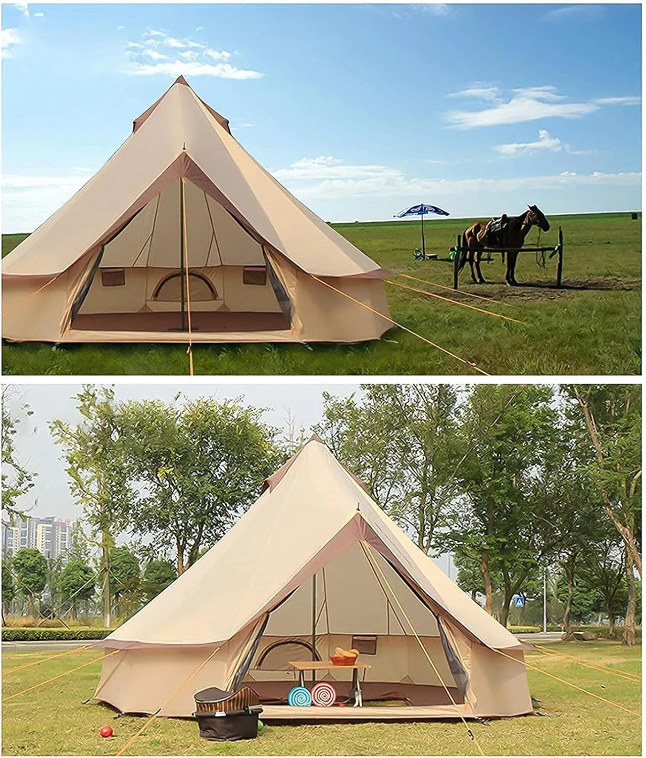 Tent Canvas Tent with Stove Hole Cotton Canvas Tents Yurt Tent for Camping 4-Season Waterproof Tent for Family Camping Outdoor Glamping, Luxury Teepee (C Ljusgr?)