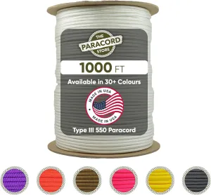 The Paracord Store 550 Type III Tactical Paracord -1000 Ft Spool, White - Heavy Duty Parachute Survival Cord for Active Outdoors, Camping, and Emergency - USA Made Utility Cord