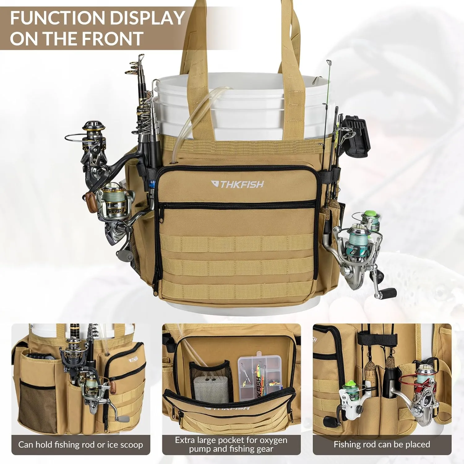 THKFISH Fishing Bucket Organizer for 5 Gallon Bucket, Ice Fishing Bucket Bag with Rod & Plier Holder, Adjustable Fish Protection Bucket Bag with Multi-Pockets for Fishing Gear