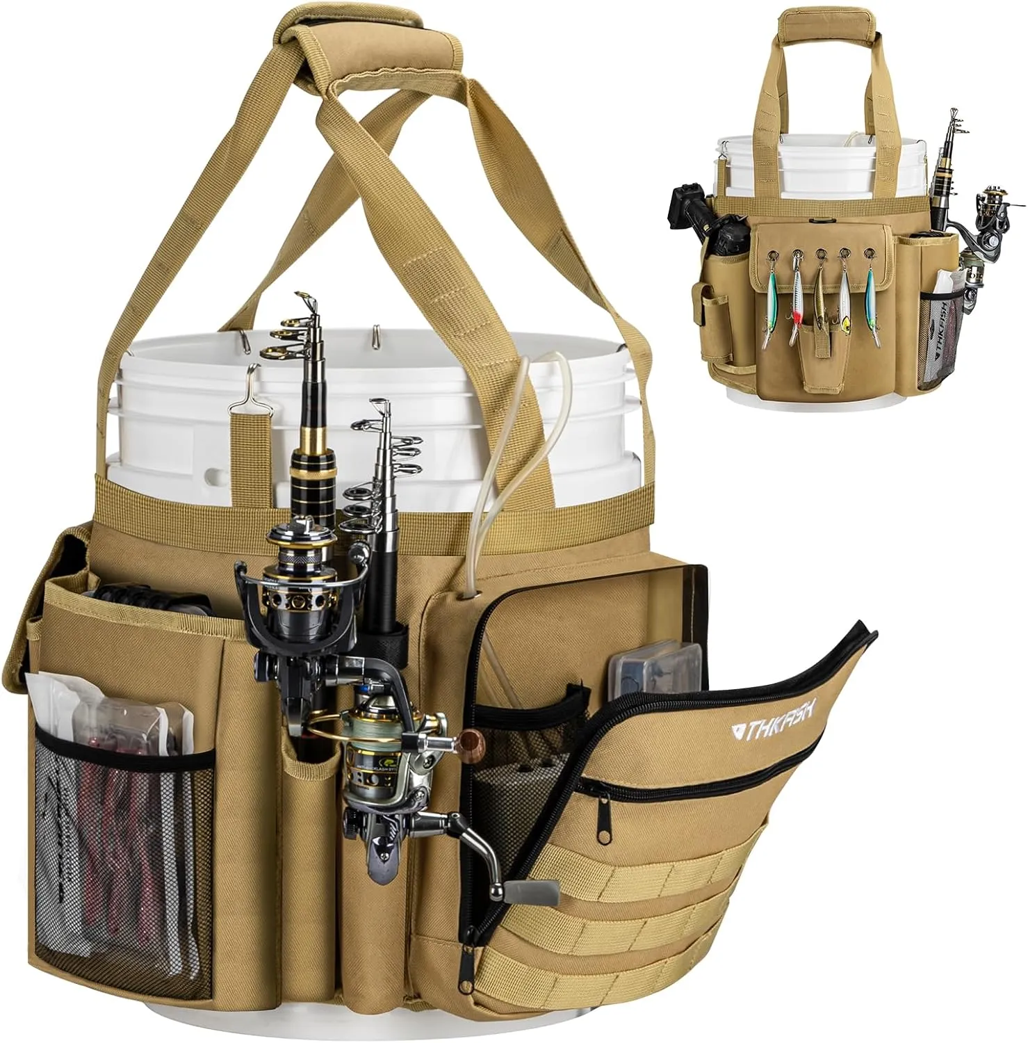 THKFISH Fishing Bucket Organizer for 5 Gallon Bucket, Ice Fishing Bucket Bag with Rod & Plier Holder, Adjustable Fish Protection Bucket Bag with Multi-Pockets for Fishing Gear