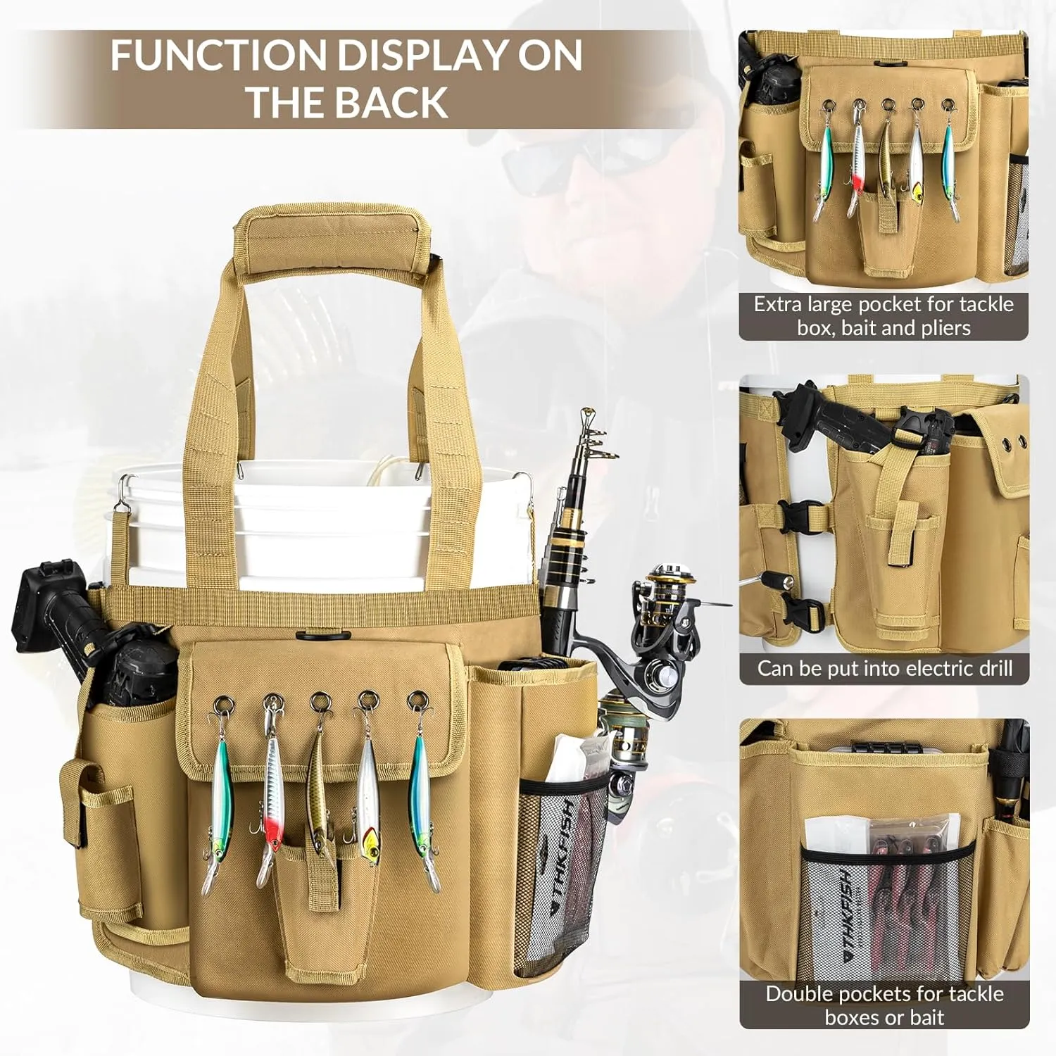 THKFISH Fishing Bucket Organizer for 5 Gallon Bucket, Ice Fishing Bucket Bag with Rod & Plier Holder, Adjustable Fish Protection Bucket Bag with Multi-Pockets for Fishing Gear