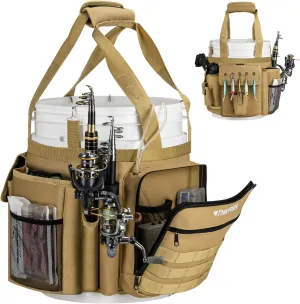 THKFISH Fishing Bucket Organizer for 5 Gallon Bucket, Ice Fishing Bucket Bag with Rod & Plier Holder, Adjustable Fish Protection Bucket Bag with Multi-Pockets for Fishing Gear