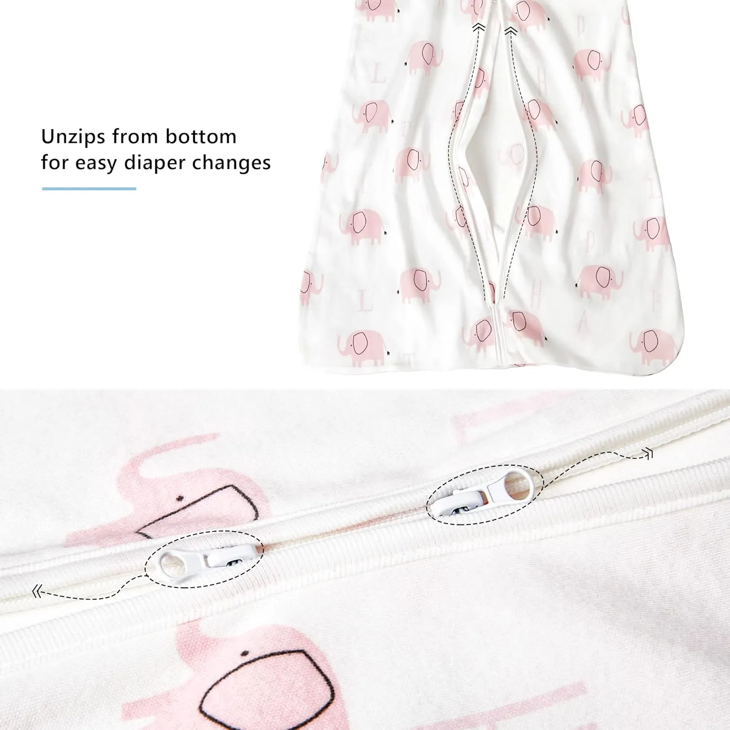 TILLYOU Cotton Sleep Sack 2 Pack - TOG 1 Baby Wearable Blanket with 2-Way Zipper, Extra Soft Sleeveless Sleeping Bag for Infants, Pink Elephant & Light Pink, 18-24 Months