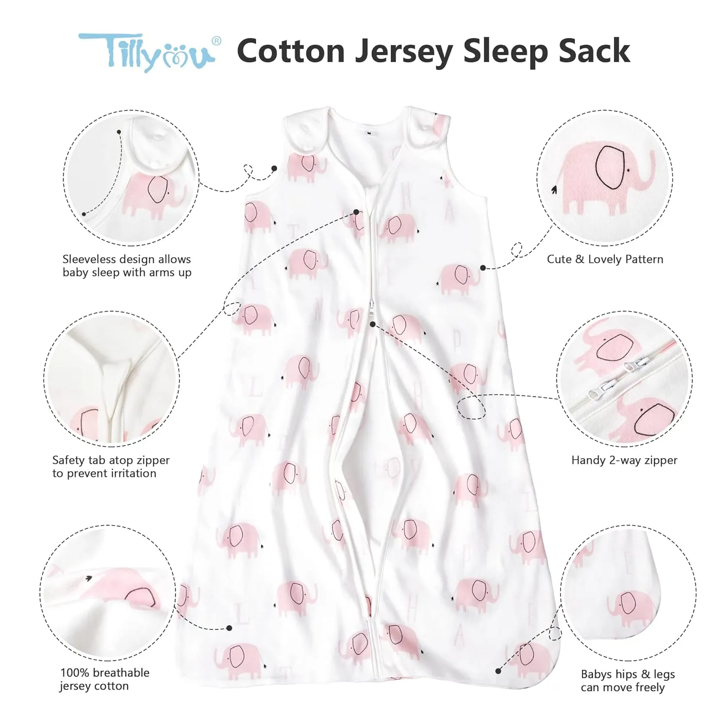 TILLYOU Cotton Sleep Sack 2 Pack - TOG 1 Baby Wearable Blanket with 2-Way Zipper, Extra Soft Sleeveless Sleeping Bag for Infants, Pink Elephant & Light Pink, 18-24 Months