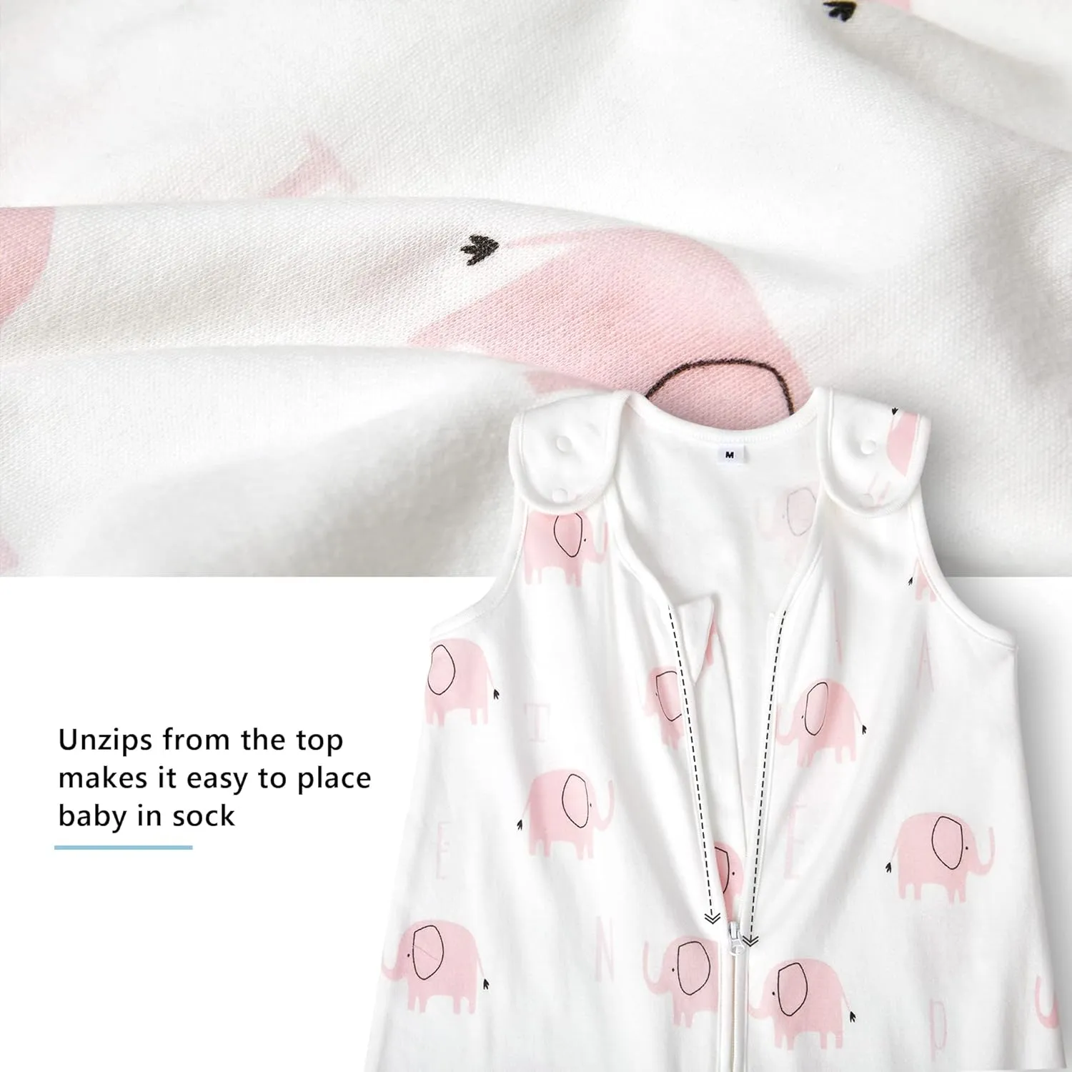 TILLYOU Cotton Sleep Sack 2 Pack - TOG 1 Baby Wearable Blanket with 2-Way Zipper, Extra Soft Sleeveless Sleeping Bag for Infants, Pink Elephant & Light Pink, 18-24 Months