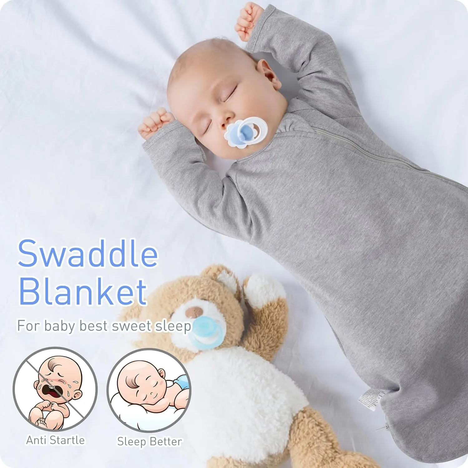 Transitional Swaddle Sack with Arms Up & Sleeves, Mitten Cuffs, 2-Way Zipper, Sleeping Sacks for Newborns - Calms Startle Reflex, Boys & Girls Sleep Bag