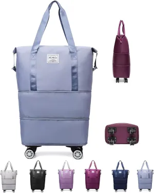 Travel Bag with Wheels - Expandable Foldie Wheeled Duffel 28-58L, Spinner Wheels, Waterproof - Perfect Carry On Luggage for Weekend Trips, Gym, Camping (Blue)