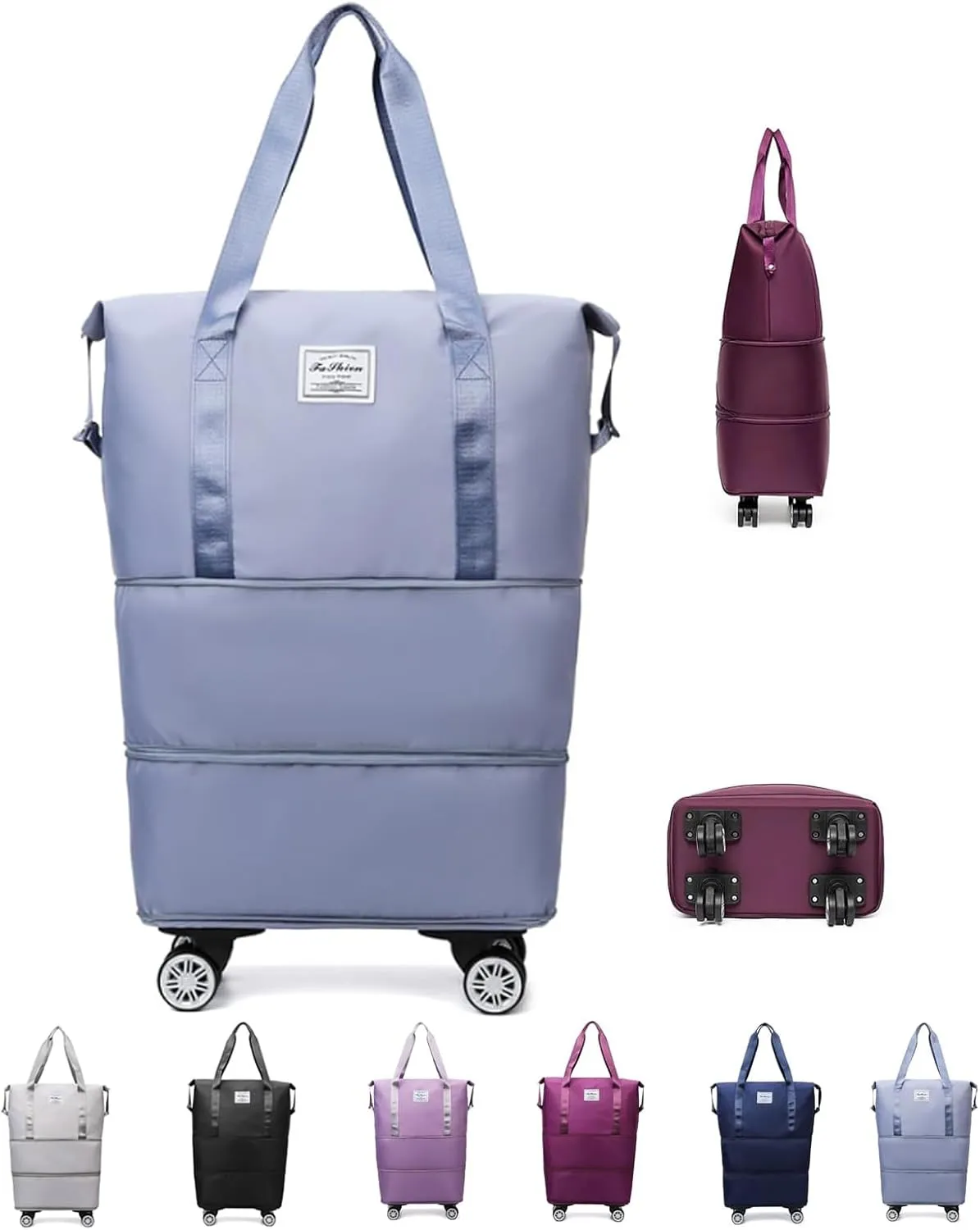 Travel Bag with Wheels - Expandable Foldie Wheeled Duffel 28-58L, Spinner Wheels, Waterproof - Perfect Carry On Luggage for Weekend Trips, Gym, Camping (Blue)