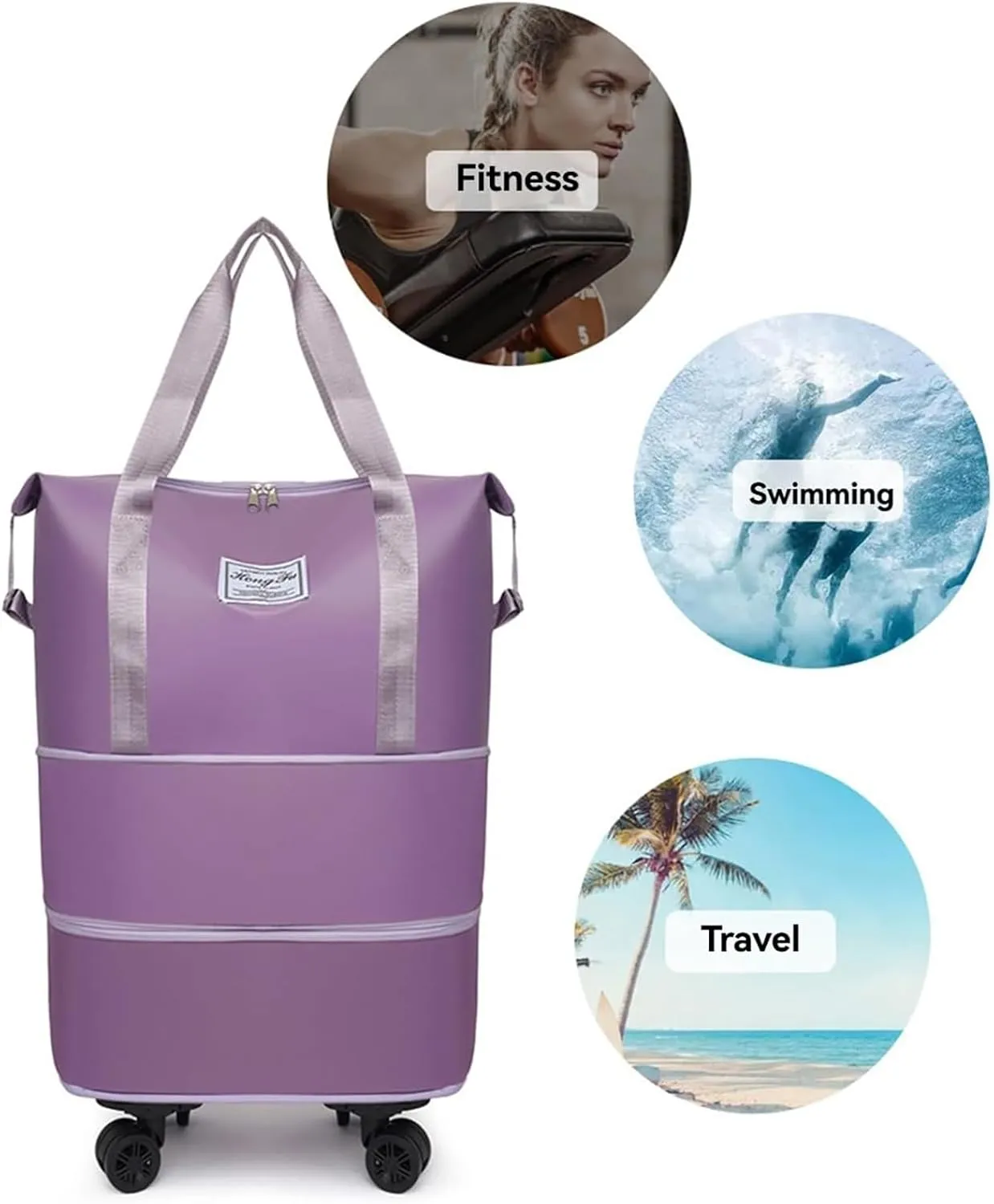 Travel Bag with Wheels - Expandable Foldie Wheeled Duffel 28-58L, Spinner Wheels, Waterproof - Perfect Carry On Luggage for Weekend Trips, Gym, Camping (Blue)