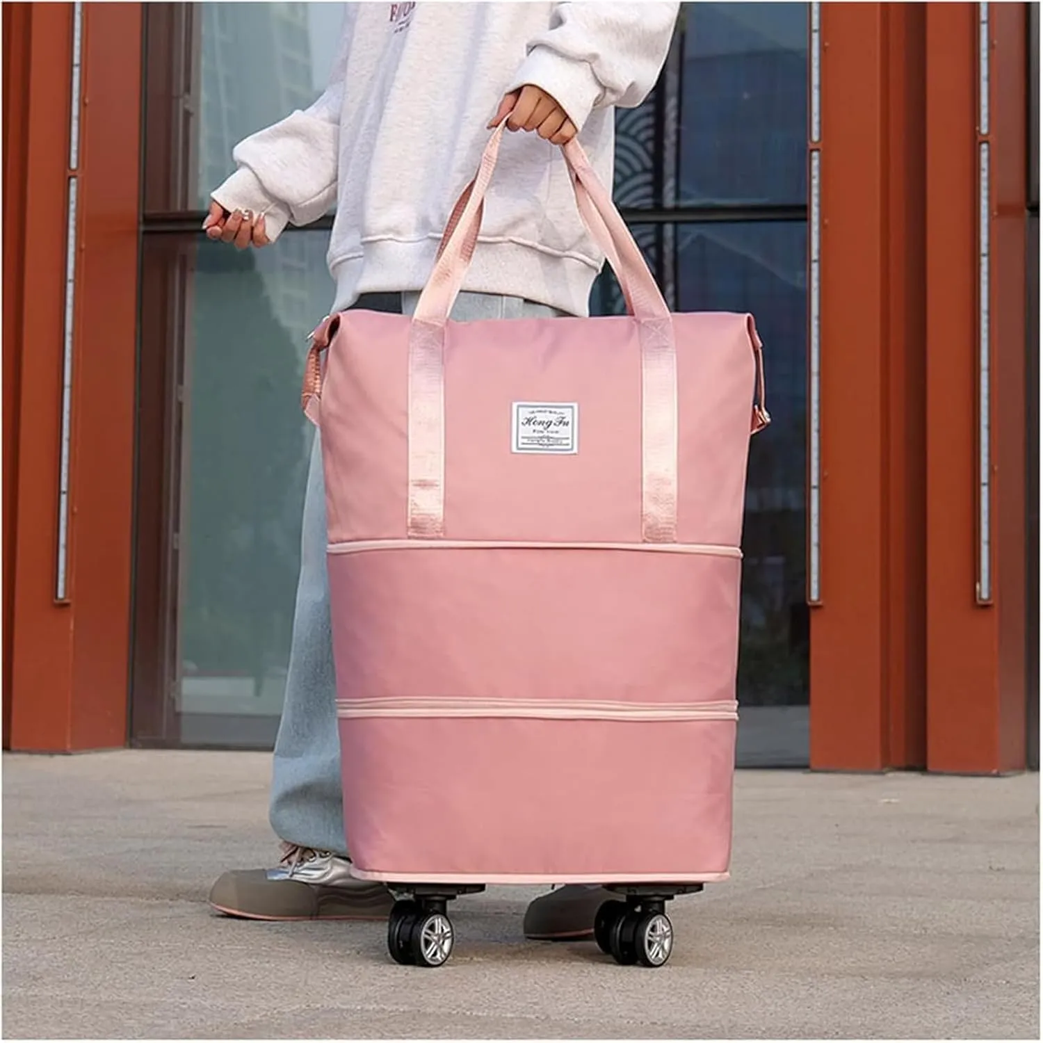 Travel Bag with Wheels - Expandable Foldie Wheeled Duffel 28-58L, Spinner Wheels, Waterproof - Perfect Carry On Luggage for Weekend Trips, Gym, Camping (Blue)
