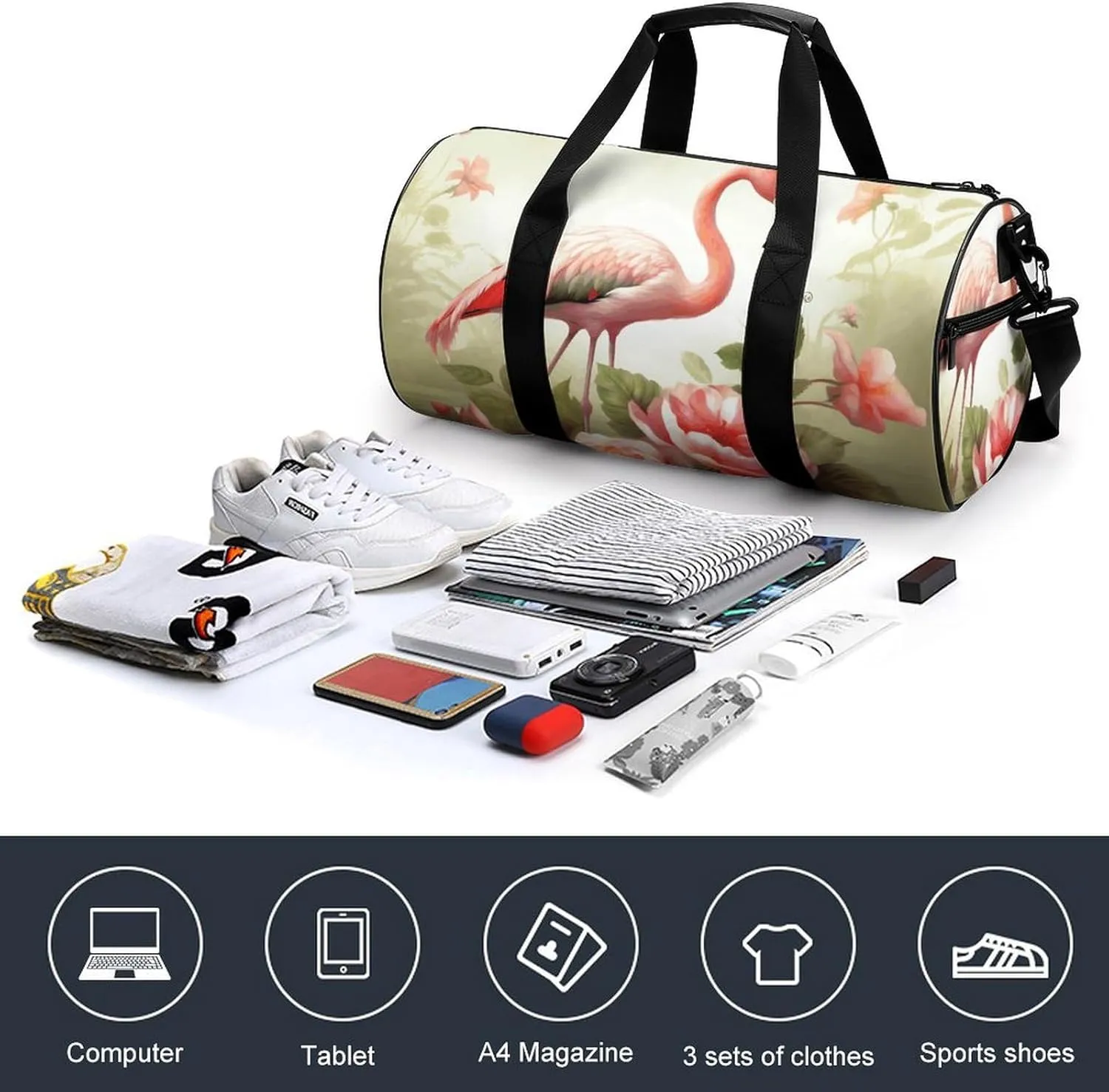 Travel Duffel Bag for Men And Women,Flowers And Flamingos Waterproof Sports Fitness Bag Portable Travel Duffel Bag