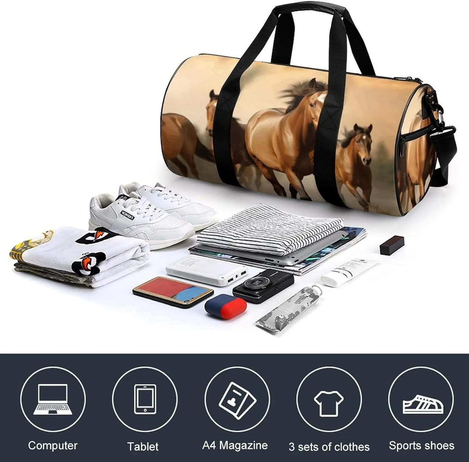 Travel Duffel Bag for Men And Women,Horses Waterproof Sports Fitness Bag Portable Travel Duffel Bag