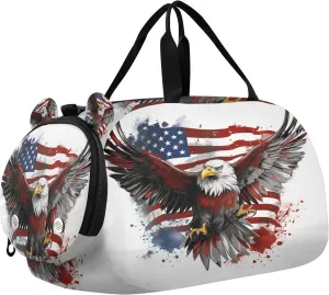 Travel Duffle Bag for Kids Boys Girls American Eagle Blue Stars Flag Sports Bag Overnighter Duffle Sleepover Weekender with Shoes Compartment