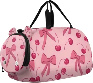 Travel Duffle Bag for Kids Boys Girls Bow Cherry Pink Sports Bag Overnighter Duffle Sleepover Weekender with Shoes Compartment