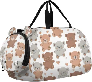 Travel Duffle Bag for Kids Boys Girls Cute Teddy Bears Sports Bag Overnighter Duffle Sleepover Weekender with Shoes Compartment