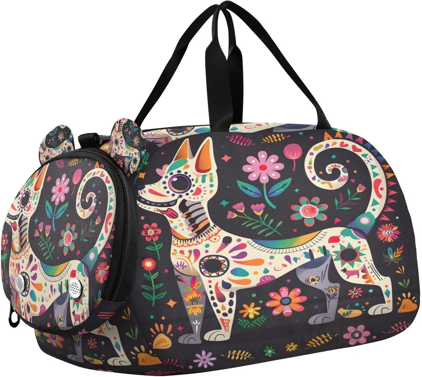 Travel Duffle Bag for Kids Boys Girls Dog Grunge Style Skull Skeleton Sports Bag Overnighter Duffle Sleepover Weekender with Shoes Compartment