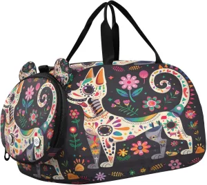 Travel Duffle Bag for Kids Boys Girls Dog Grunge Style Skull Skeleton Sports Bag Overnighter Duffle Sleepover Weekender with Shoes Compartment
