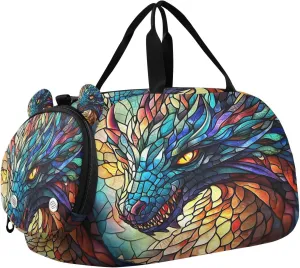 Travel Duffle Bag for Kids Boys Girls Dragon Stained Glass Colorful Print Sports Bag Overnighter Duffle Sleepover Weekender with Shoes Compartment
