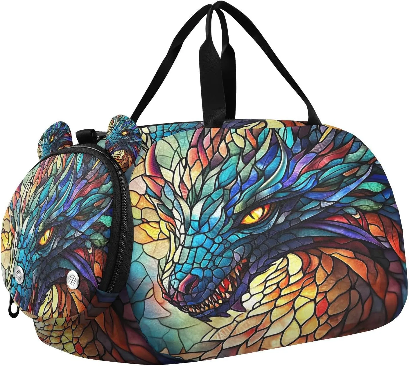 Travel Duffle Bag for Kids Boys Girls Dragon Stained Glass Colorful Print Sports Bag Overnighter Duffle Sleepover Weekender with Shoes Compartment