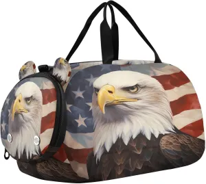 Travel Duffle Bag for Kids Boys Girls Eagle America Retro Flag Sports Bag Overnighter Duffle Sleepover Weekender with Shoes Compartment