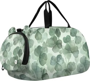 Travel Duffle Bag for Kids Boys Girls Four-leaf Clover Leaves Green Ink Sports Bag Overnighter Duffle Sleepover Weekender with Shoes Compartment