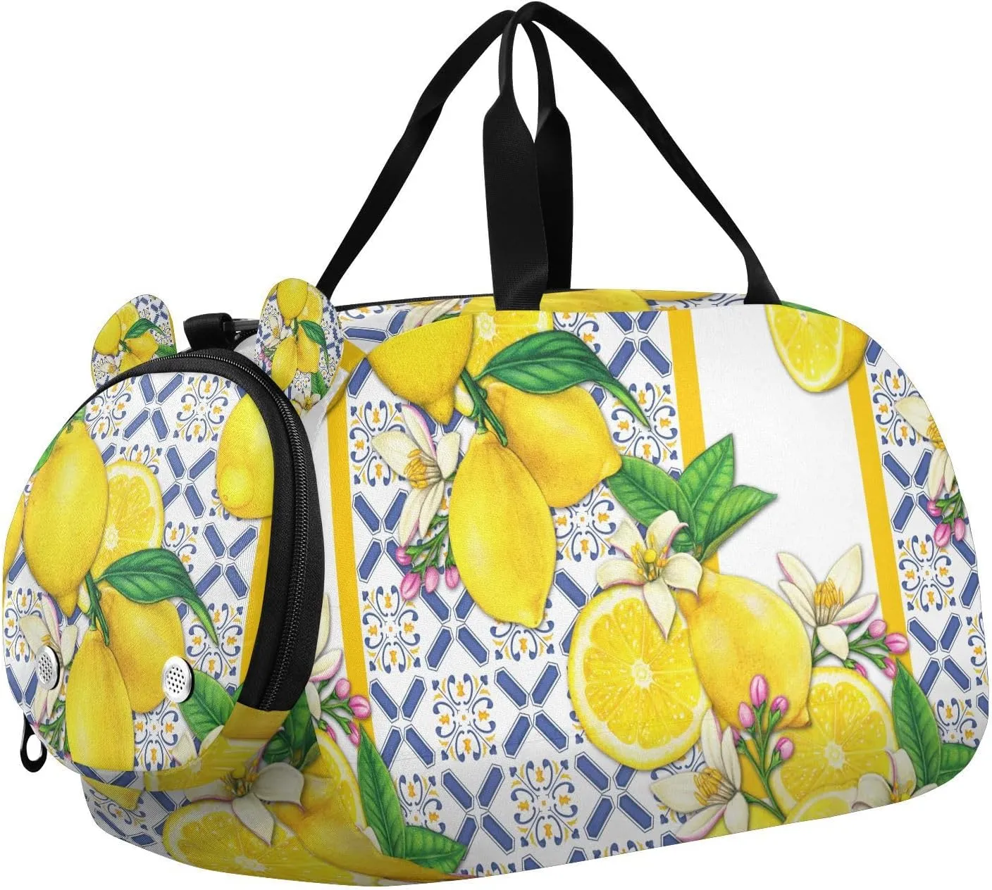 Travel Duffle Bag for Kids Boys Girls Mediterrraean Lemon and Tiles Sports Bag Overnighter Duffle Sleepover Weekender with Shoes Compartment
