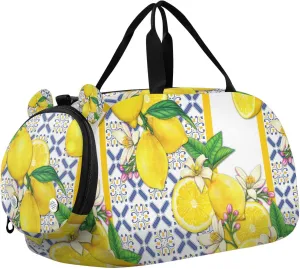 Travel Duffle Bag for Kids Boys Girls Mediterrraean Lemon and Tiles Sports Bag Overnighter Duffle Sleepover Weekender with Shoes Compartment