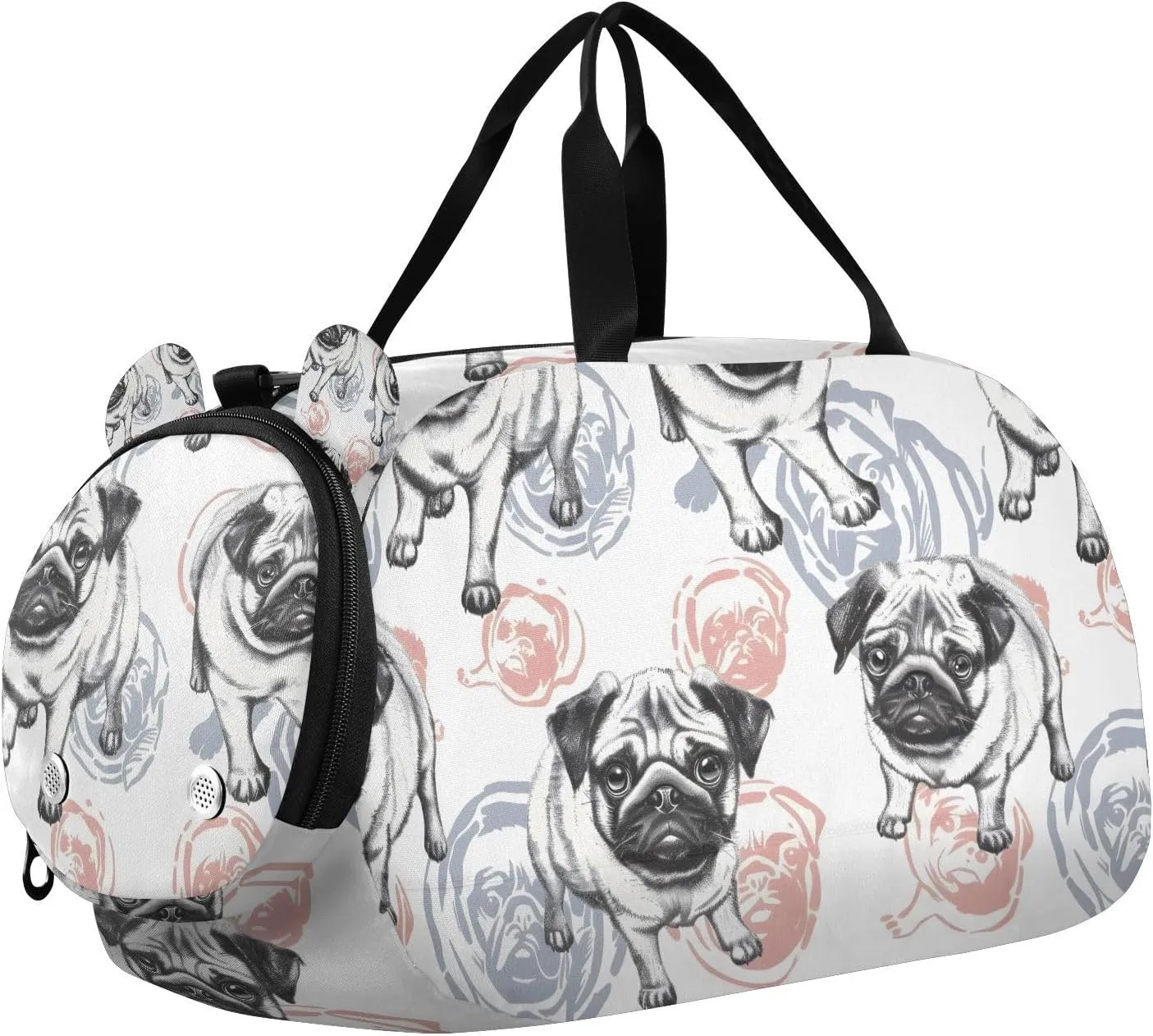Travel Duffle Bag for Kids Boys Girls Pugs Dog Pet White Sports Bag Overnighter Duffle Sleepover Weekender with Shoes Compartment
