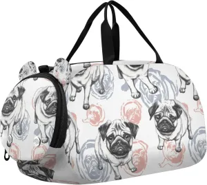 Travel Duffle Bag for Kids Boys Girls Pugs Dog Pet White Sports Bag Overnighter Duffle Sleepover Weekender with Shoes Compartment