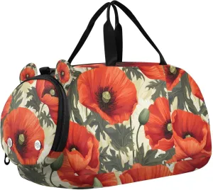 Travel Duffle Bag for Kids Boys Girls Red Poppy Flowers Sports Bag Overnighter Duffle Sleepover Weekender with Shoes Compartment