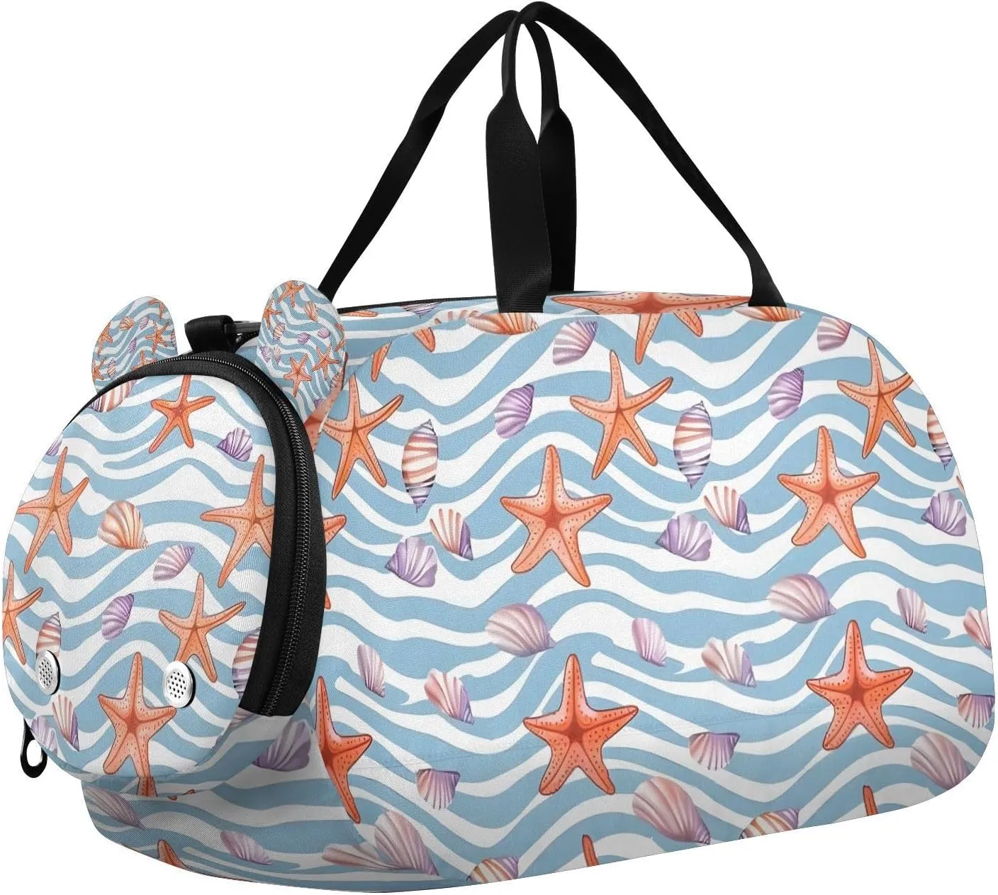 Travel Duffle Bag for Kids Boys Girls Seashells Starfish Blue Striped Sports Bag Overnighter Duffle Sleepover Weekender with Shoes Compartment
