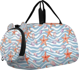 Travel Duffle Bag for Kids Boys Girls Seashells Starfish Blue Striped Sports Bag Overnighter Duffle Sleepover Weekender with Shoes Compartment