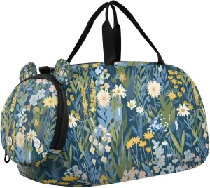 Travel Duffle Bag for Kids Boys Girls Spring Blue Wildflower Flower Sports Bag Overnighter Duffle Sleepover Weekender with Shoes Compartment