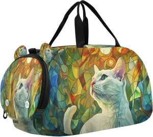 Travel Duffle Bag for Kids Boys Girls Stained Glass White Cat Sports Bag Overnighter Duffle Sleepover Weekender with Shoes Compartment