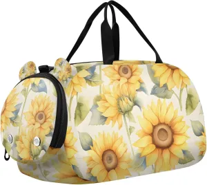 Travel Duffle Bag for Kids Boys Girls Sunflower Watercolor Yellow Flower Sports Bag Overnighter Duffle Sleepover Weekender with Shoes Compartment