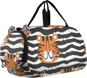 Travel Duffle Bag for Kids Boys Girls Tiger Zebra Black White Stripes Sports Bag Overnighter Duffle Sleepover Weekender with Shoes Compartment
