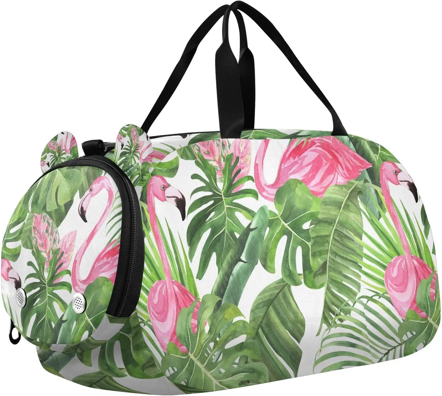 Travel Duffle Bag for Kids Boys Girls Tropical Leaves Flamingo White Sports Bag Overnighter Duffle Sleepover Weekender with Shoes Compartment