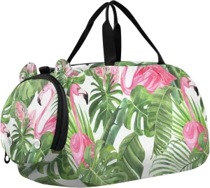 Travel Duffle Bag for Kids Boys Girls Tropical Leaves Flamingo White Sports Bag Overnighter Duffle Sleepover Weekender with Shoes Compartment
