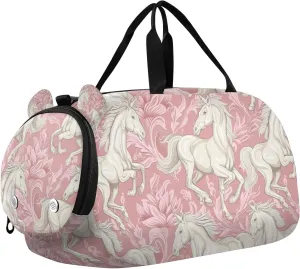 Travel Duffle Bag for Kids Boys Girls White Horse Pink Rose Unicorn Sports Bag Overnighter Duffle Sleepover Weekender with Shoes Compartment