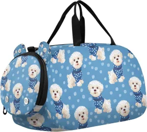Travel Duffle Bag for Kids Boys Girls White Puppy Polka Dot Blue Sports Bag Overnighter Duffle Sleepover Weekender with Shoes Compartment