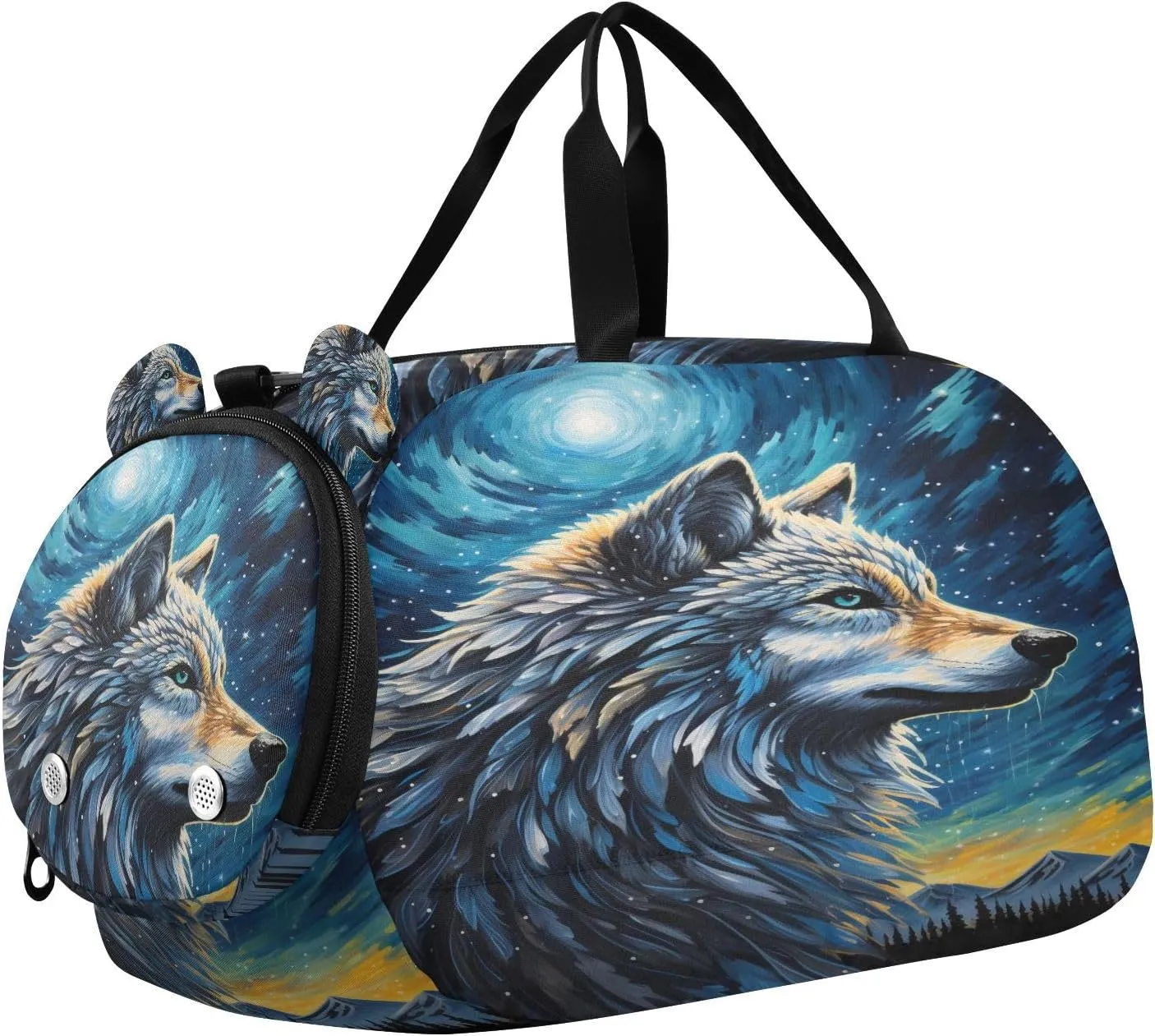 Travel Duffle Bag for Kids Boys Girls Wolf Galaxy Blue Moon Sports Bag Overnighter Duffle Sleepover Weekender with Shoes Compartment