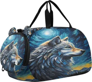 Travel Duffle Bag for Kids Boys Girls Wolf Galaxy Blue Moon Sports Bag Overnighter Duffle Sleepover Weekender with Shoes Compartment